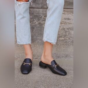 Lulus Ranae Black Slide-On Loafers gold buckle 5.5
